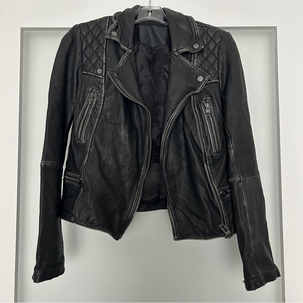 AllSaints cargo distressed leather moto jacket black 4 - Picture 4 of 13